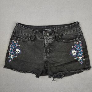 Low Rise Denim Shorts Womens 0 Black Punk Rock Cut Offs Embroided Skulls Goth
